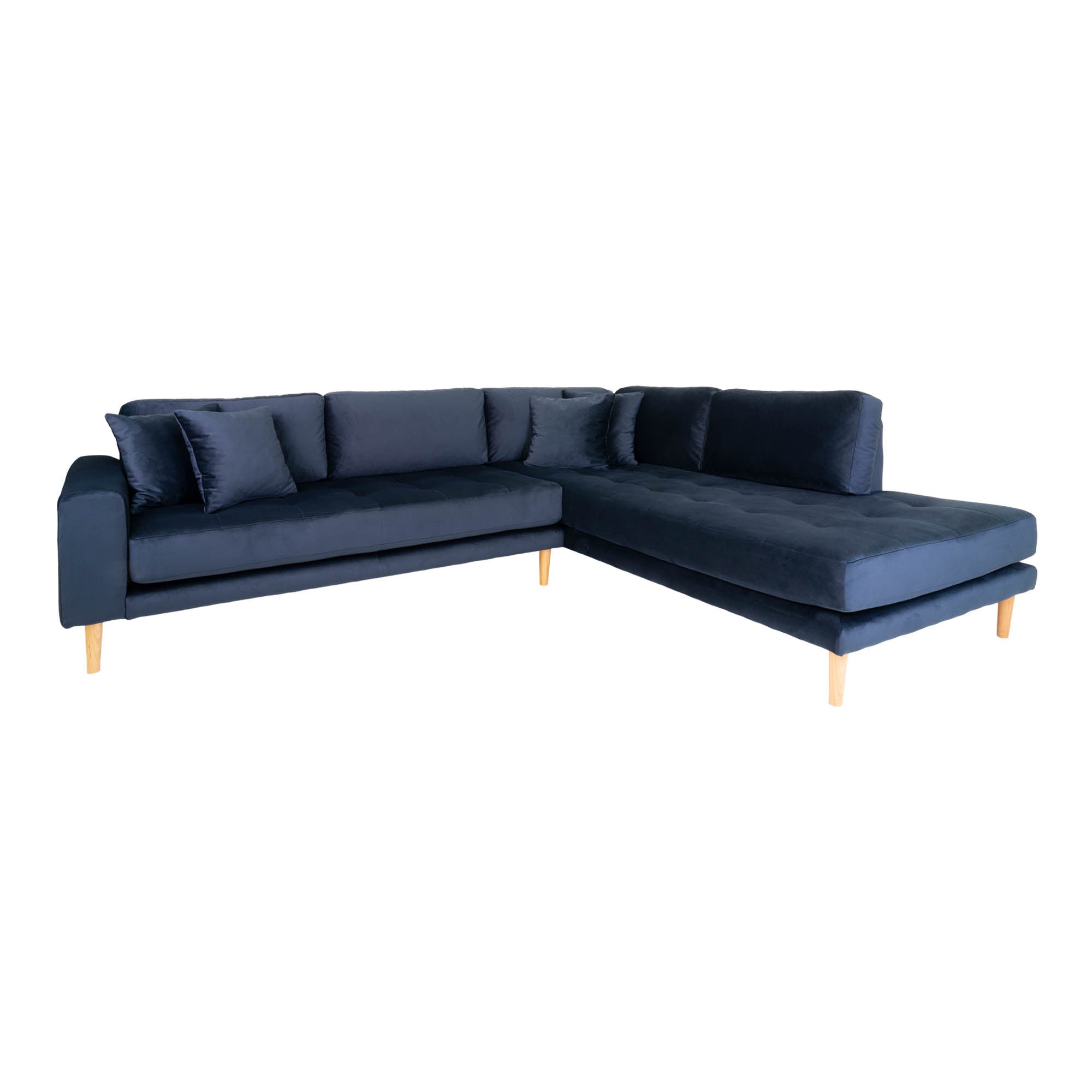 Lido Hjørnesofa åben Ende Sofa Højrevendt Blå Velour Med Fire Puder Hn1005