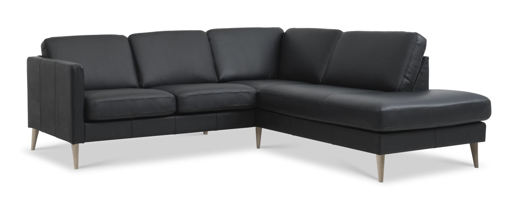Ask Sæt Lille Sofa Højre Chaiselong Sort Semianilin Læder Natur Træ
