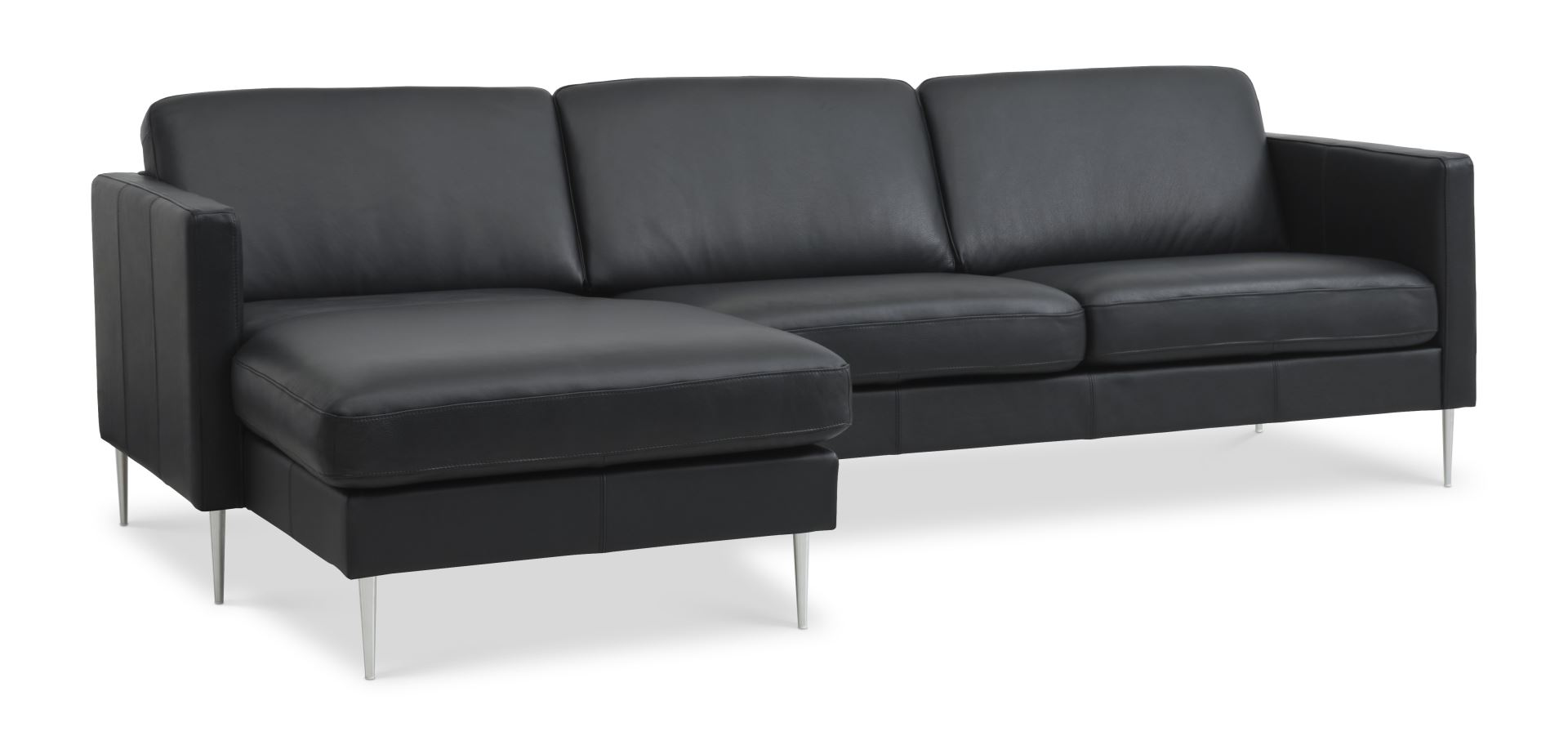 Ask Sæt Sofa Chaiselong Sort Semianilin Læder Børstet Aluminium