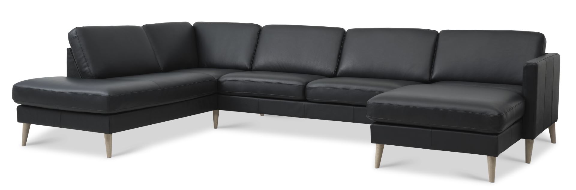 Ask Sæt Sofa Venstre Chaiselong Sort Semianilin Læder Natur Træ