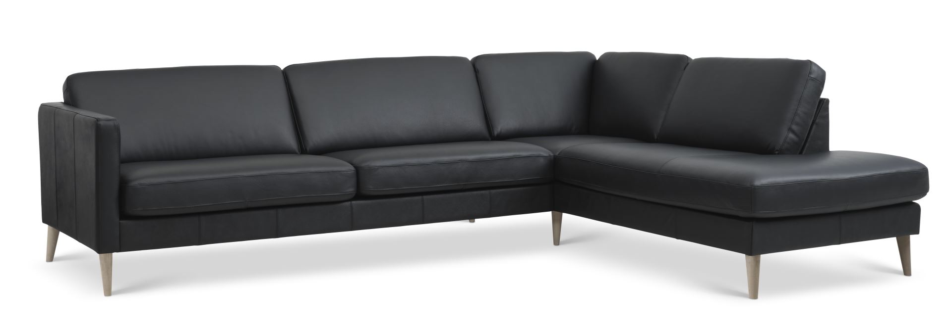 Ask Sæt Stor Sofa Højre Chaiselong Sort Semianilin Læder Natur Træ