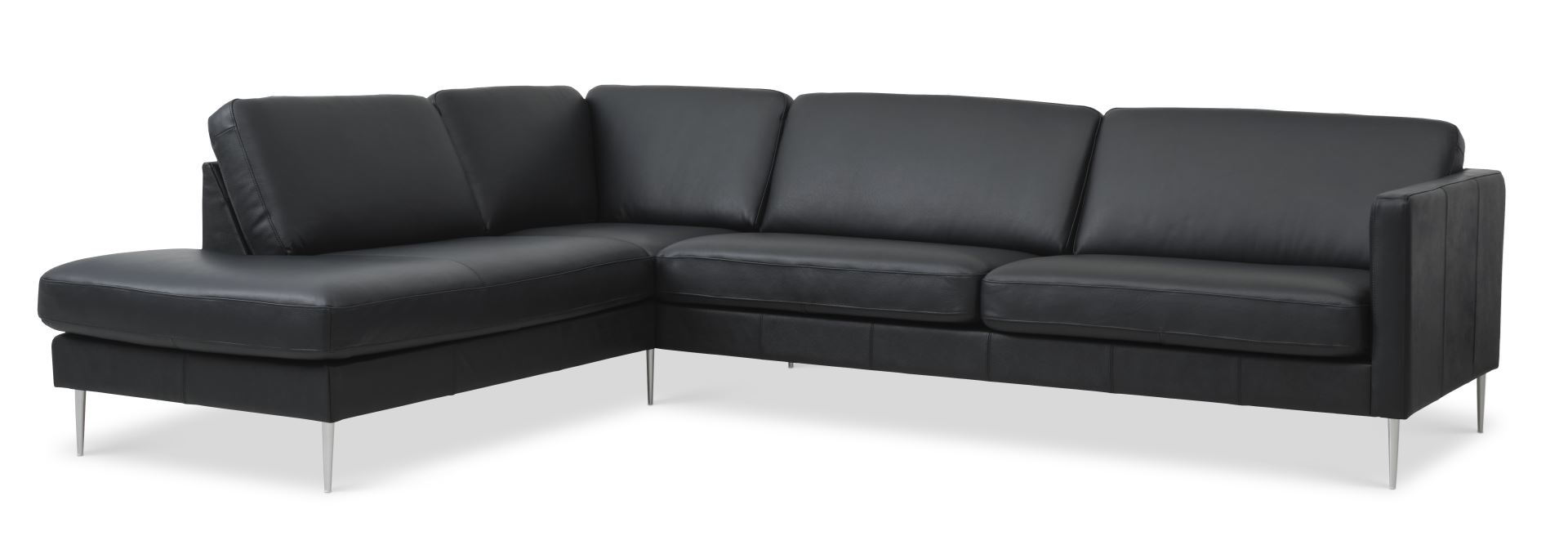 Ask Sæt Stor Sofa Venstre Chaiselong Sort Semianilin Læder Børstet Aluminium