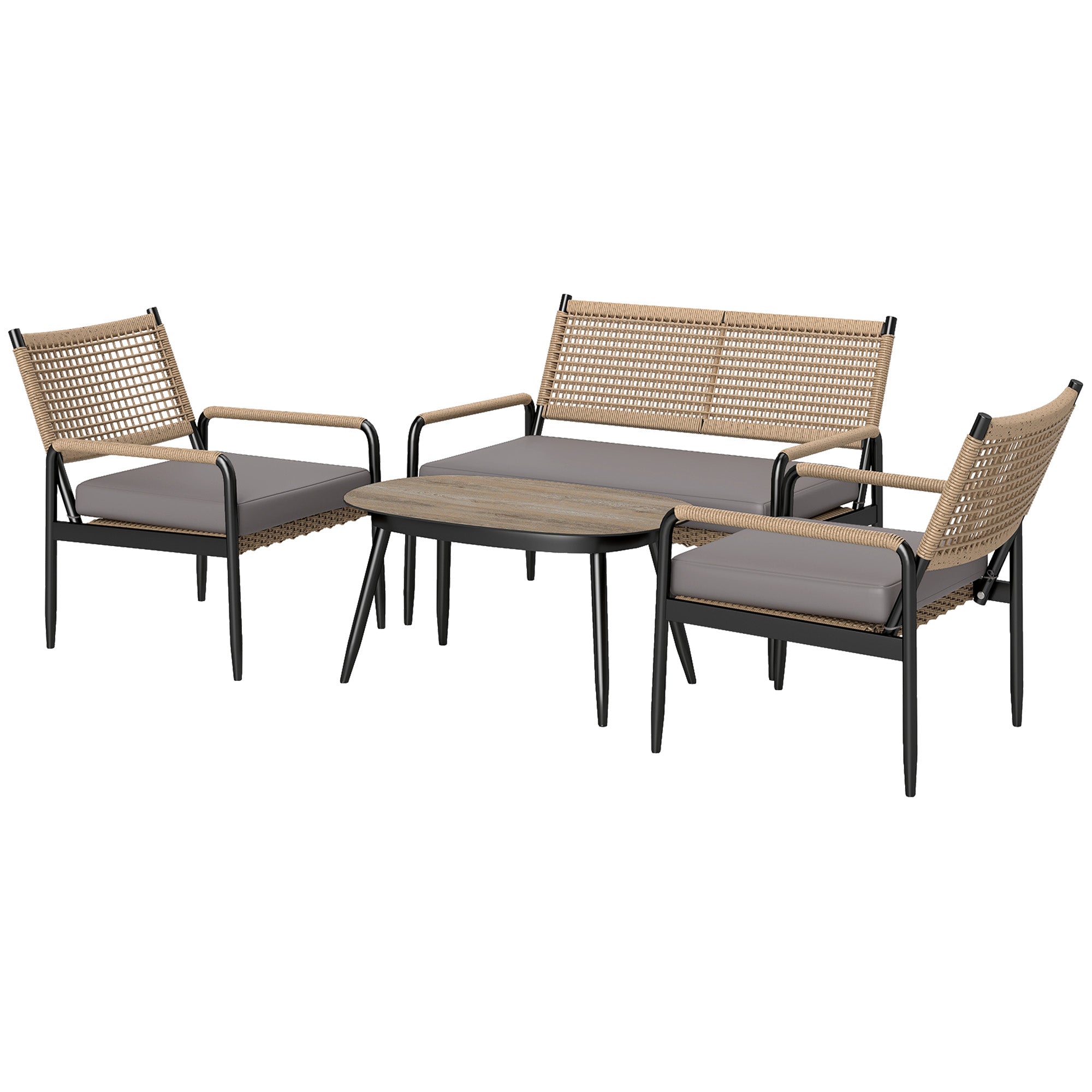 Havemøbelsæt Polyrattan Loungesæt Med Personers Sofa Lænestol Glasbord Hynder Til Personer Mørkegrå  Gul