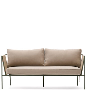Kave Home Zivia Udendørs Pers Sofa Armlæn Hynder Ecru Rebsnor Grøn Stål 178cm