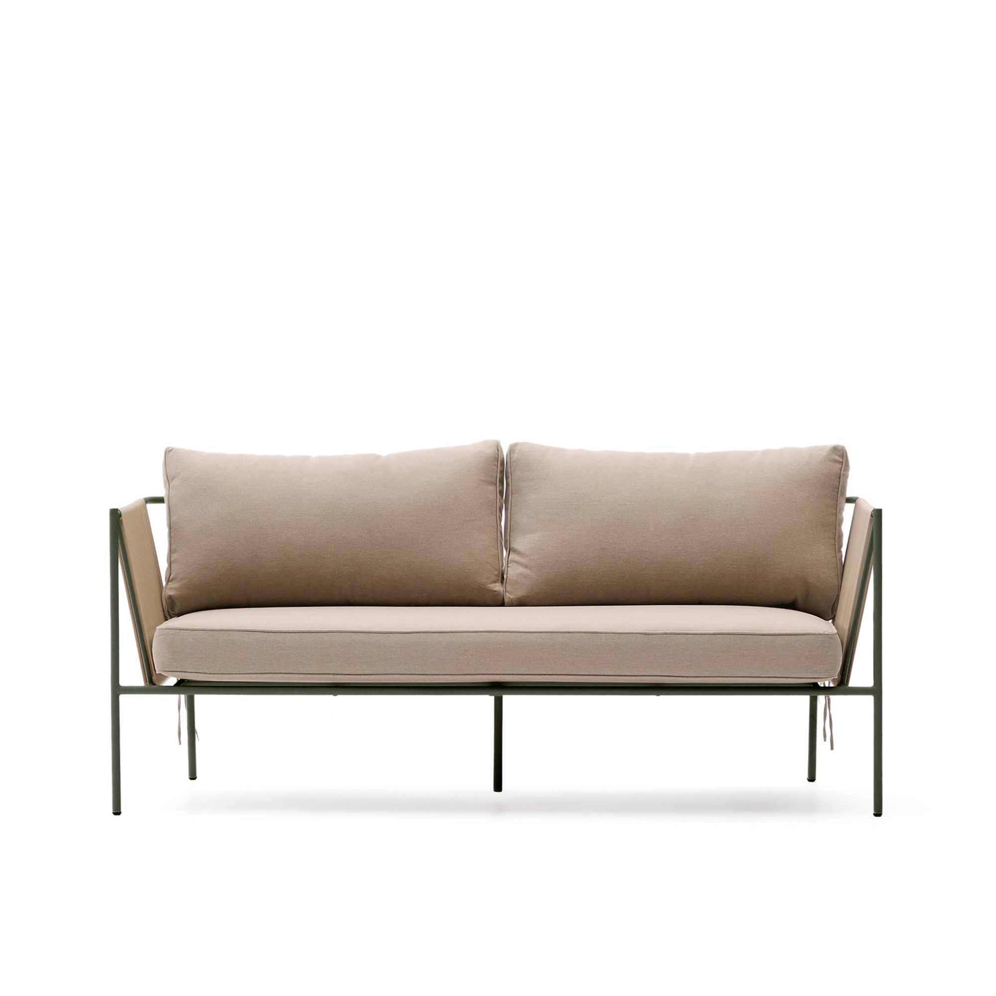Kave Home Zivia Udendørs Pers Sofa Armlæn Hynder Ecru Rebsnor Grøn Stål 178cm