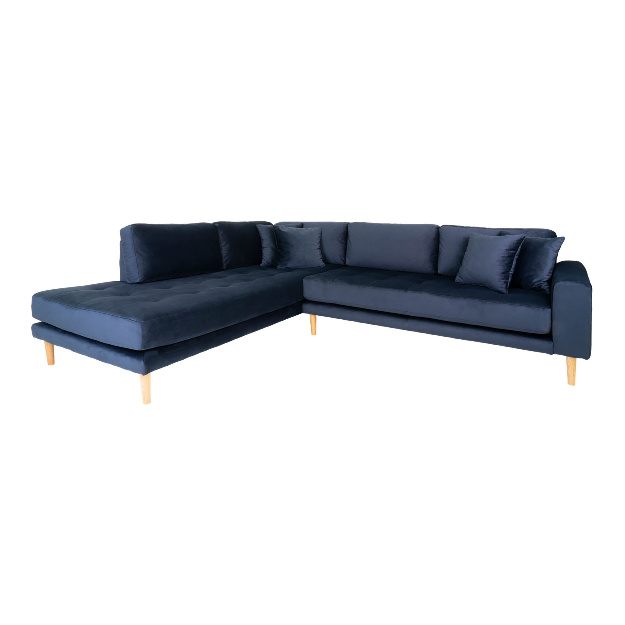 Lido Hjørnesofa åben Ende Sofa Venstrevendt Blå Velour Med Fire Puder Hn1005