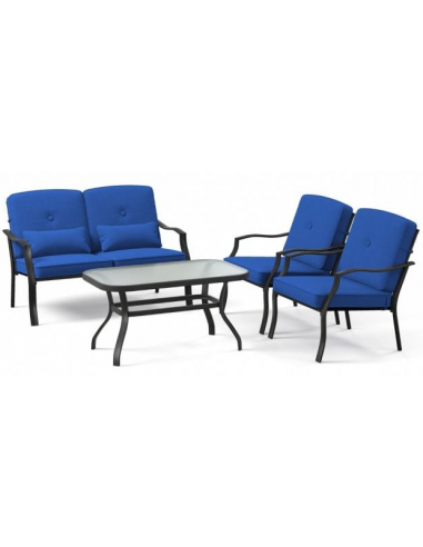 Loungesæt Med Sofa Stole Bord Metal Glas Sort Blå