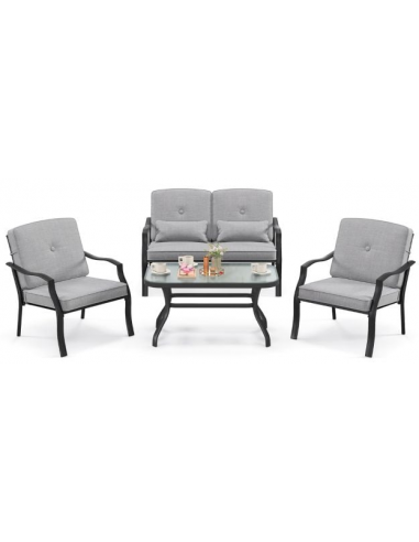 Loungesæt Med Sofa Stole Bord Metal Glas Sort Grå
