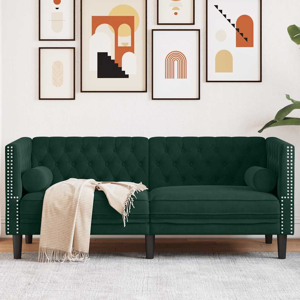 Personers Chesterfield Sofa Med Bolsterpuder Fløjl Mørkegrøn