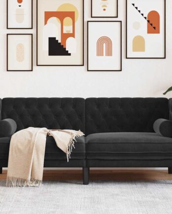 Personers Chesterfield Sofa Med Bolsterpuder Fløjl Sort