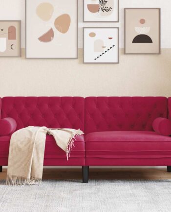 Personers Chesterfield Sofa Med Bolsterpuder Fløjl Vinrød