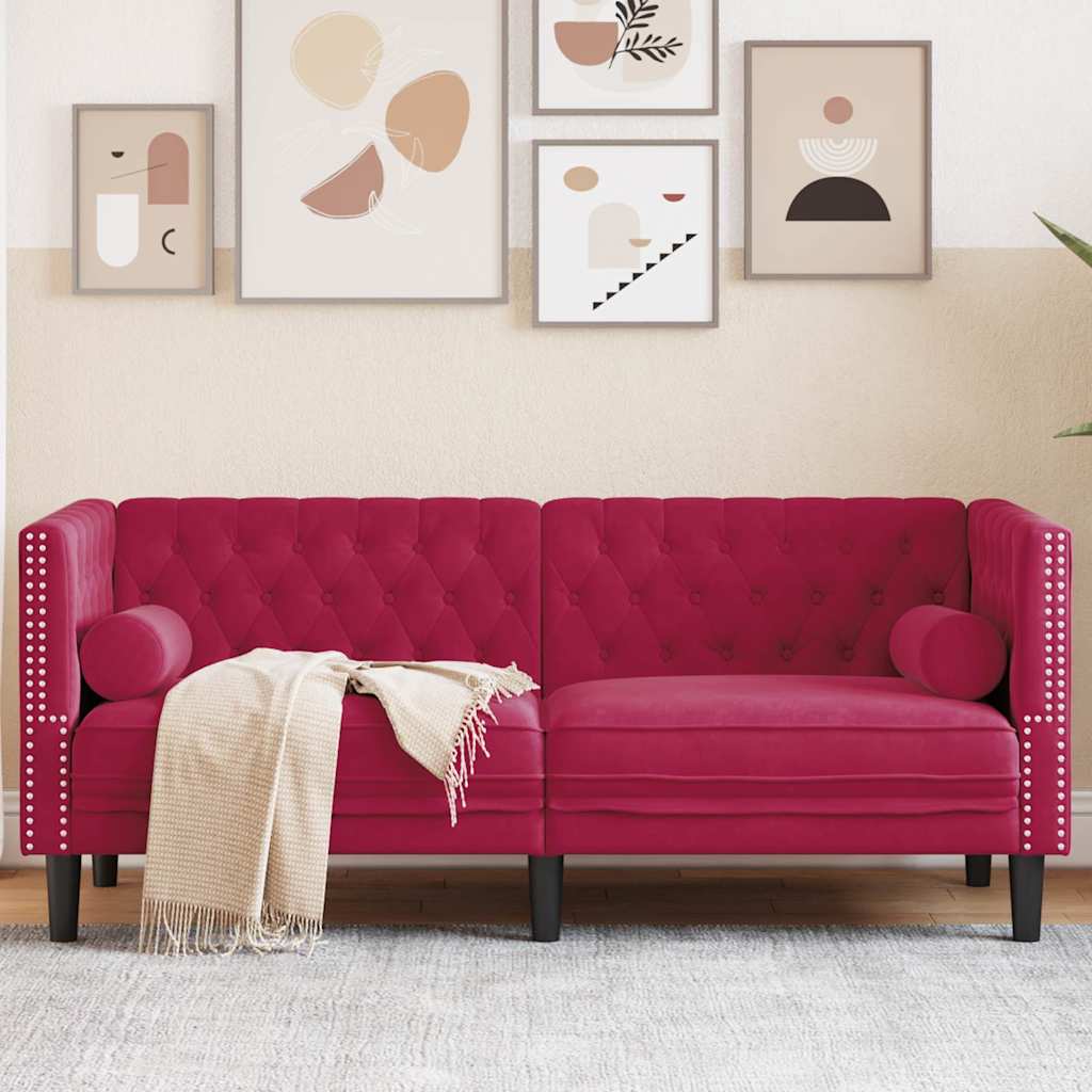 Personers Chesterfield Sofa Med Bolsterpuder Fløjl Vinrød