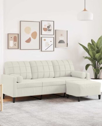 Personers Sofa Med Fodskammel 180 Velour Cremefarvet