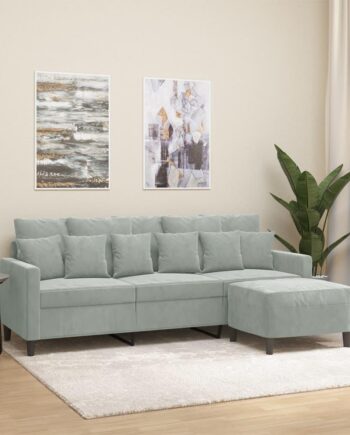 Personers Sofa Med Fodskammel 180 Velour Lysegrå