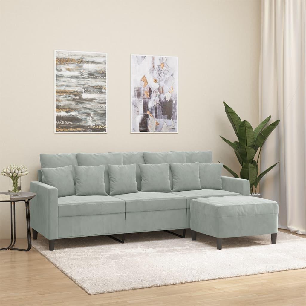 Personers Sofa Med Fodskammel 180 Velour Lysegrå