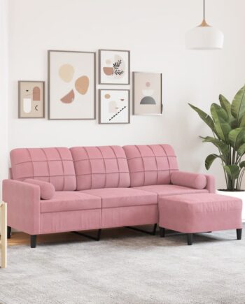 Personers Sofa Med Fodskammel 180 Velour Lyserød