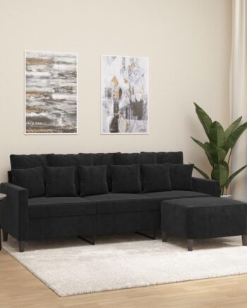 Personers Sofa Med Fodskammel 180 Velour Sort