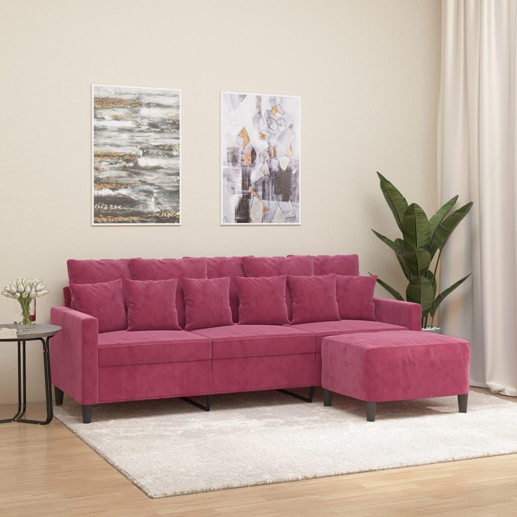 Personers Sofa Med Fodskammel 180 Velour Vinrød