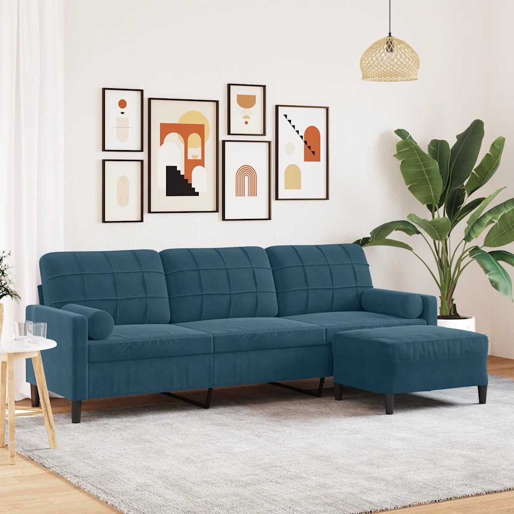 Personers Sofa Med Fodskammel 210 Velour Blå
