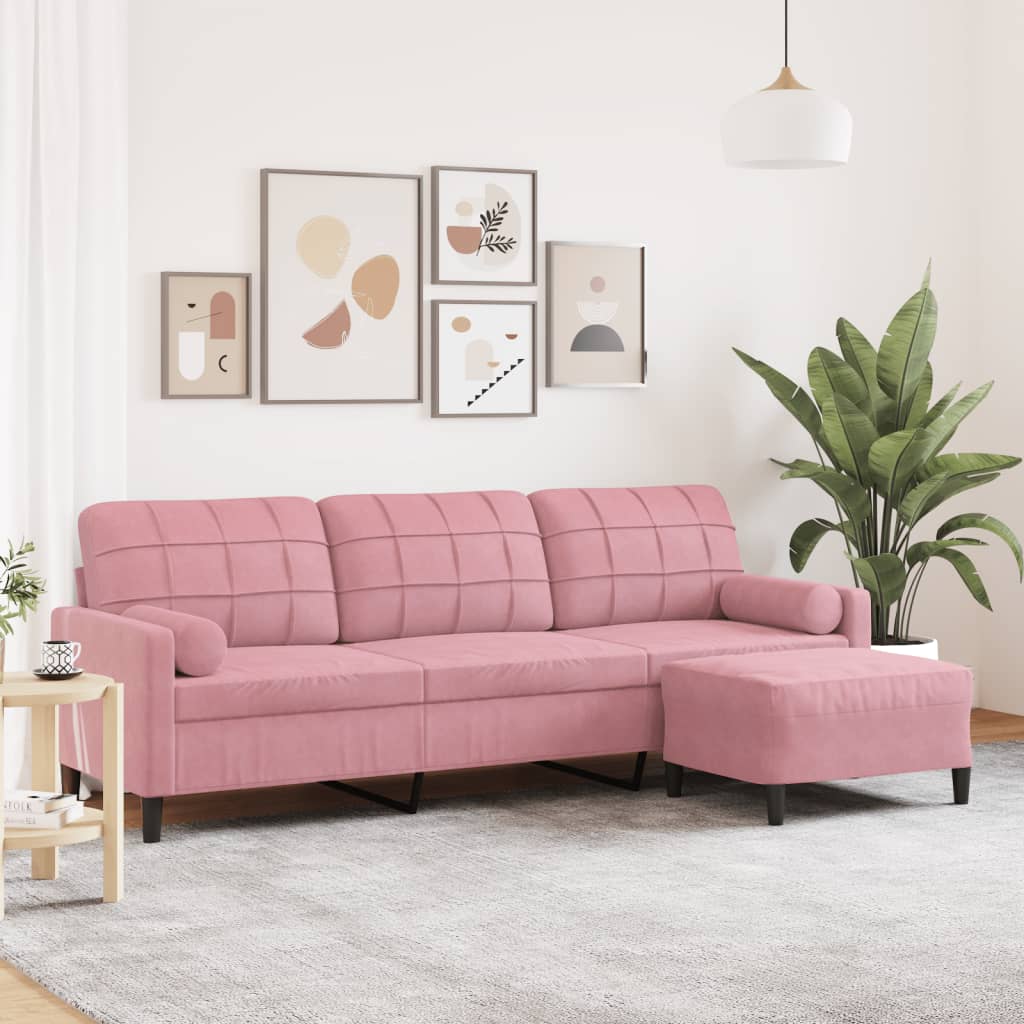 Personers Sofa Med Fodskammel 210 Velour Lyserød