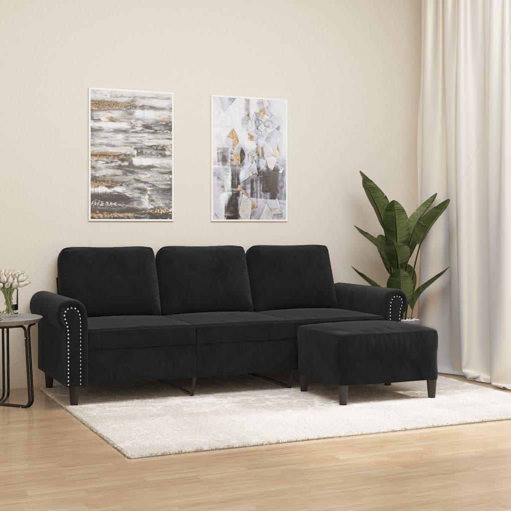 Personers Sofa Med Fodskammel Velour Sort 180 Sædebredde