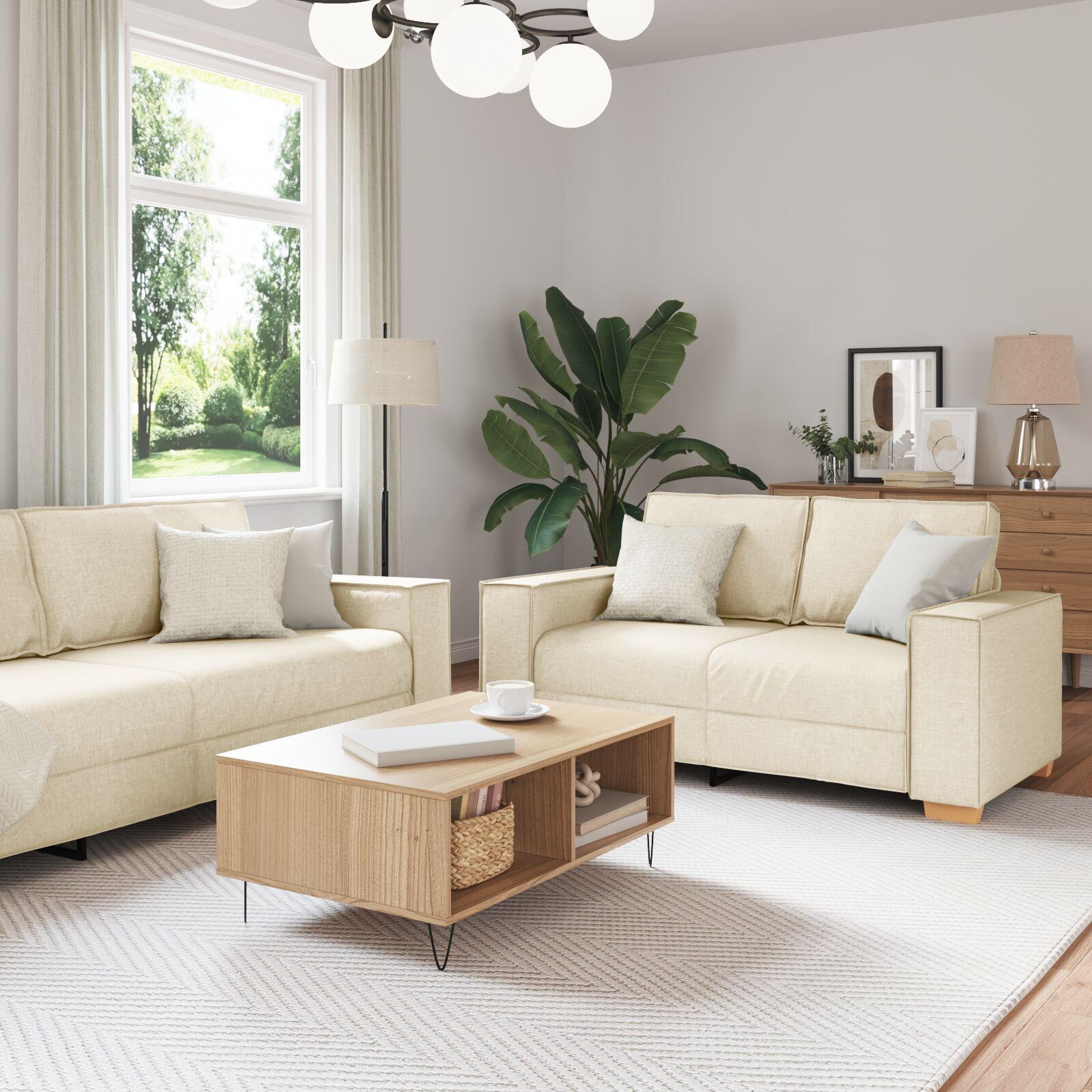 Sofa Sæt Beige Linned Blandet Stof Pers 220 160