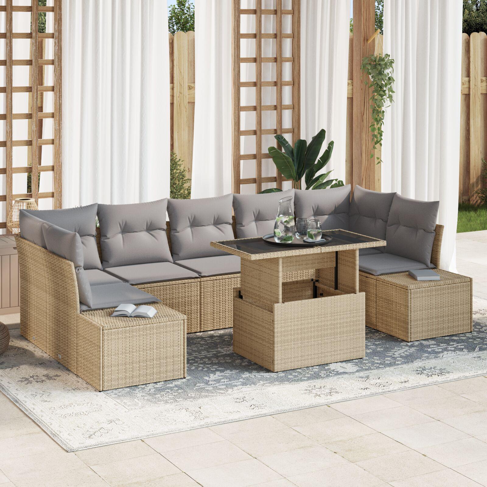 Sofa Sæt Med Puder Dele Beige Lys Grå Polyrattan