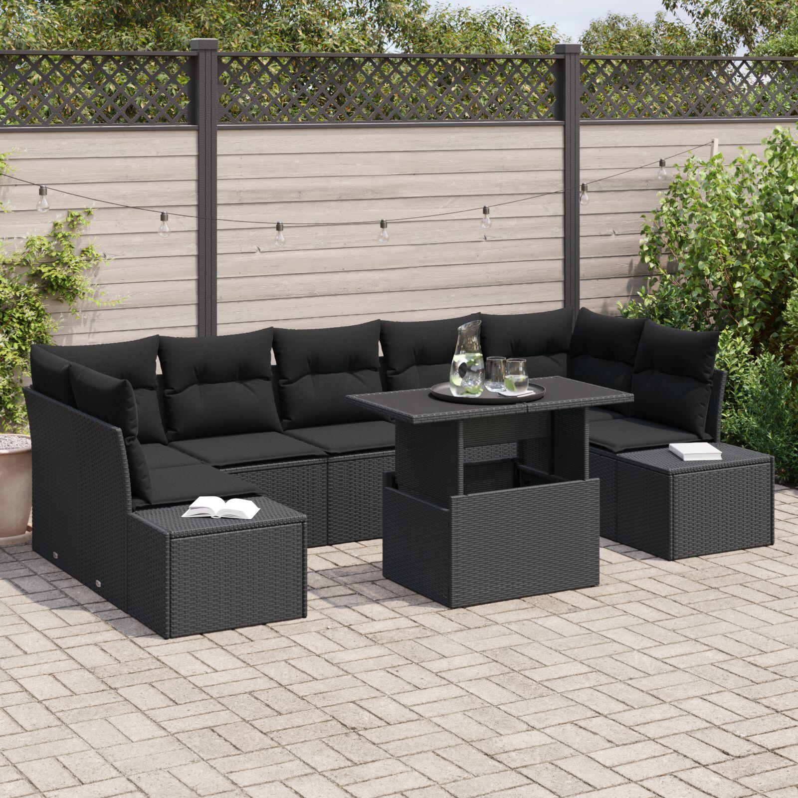 Sofa Sæt Med Puder Dele Sort Polyrattan Med Justerbart Bord