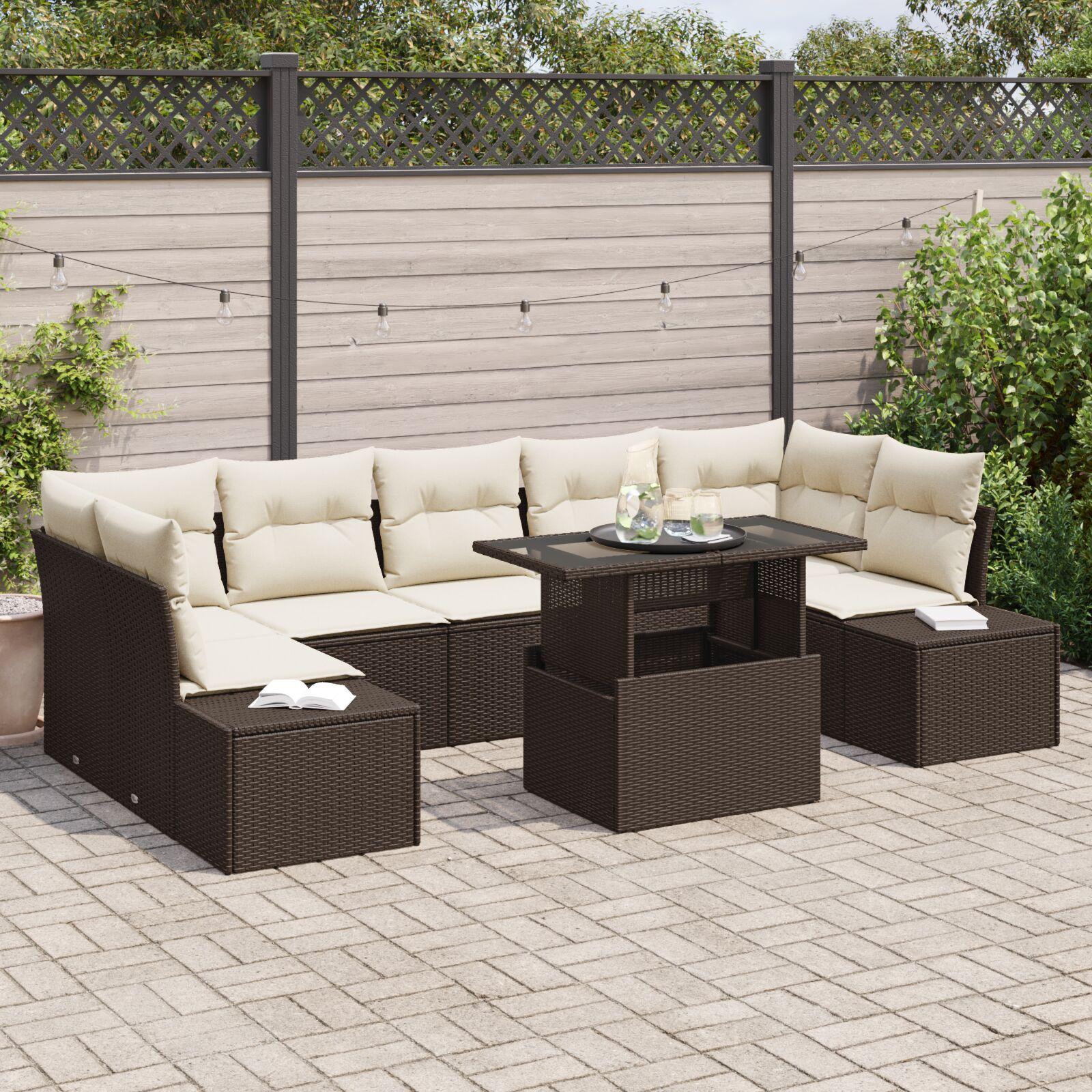 Sofa Sæt Polyrattan Dele Brun Creme Justerbart Bord