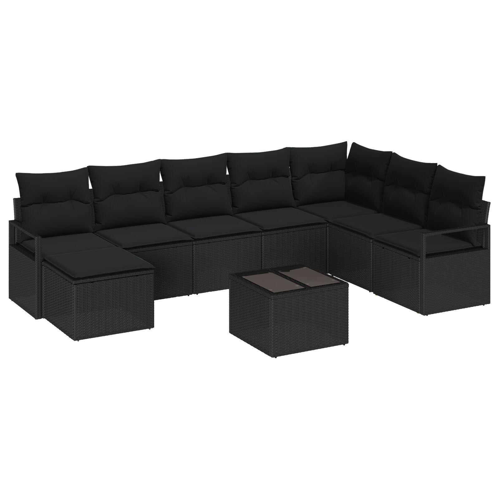 Sofa Sæt Sort Polyrattan Modulært Loungesæt Med Puder Dele