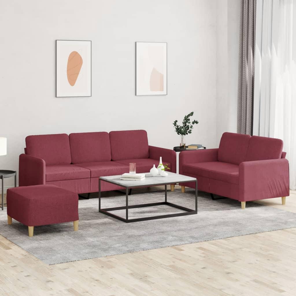 Sofasæt Stof Med Hynder Personers Sofa Fodskammel Vinrød