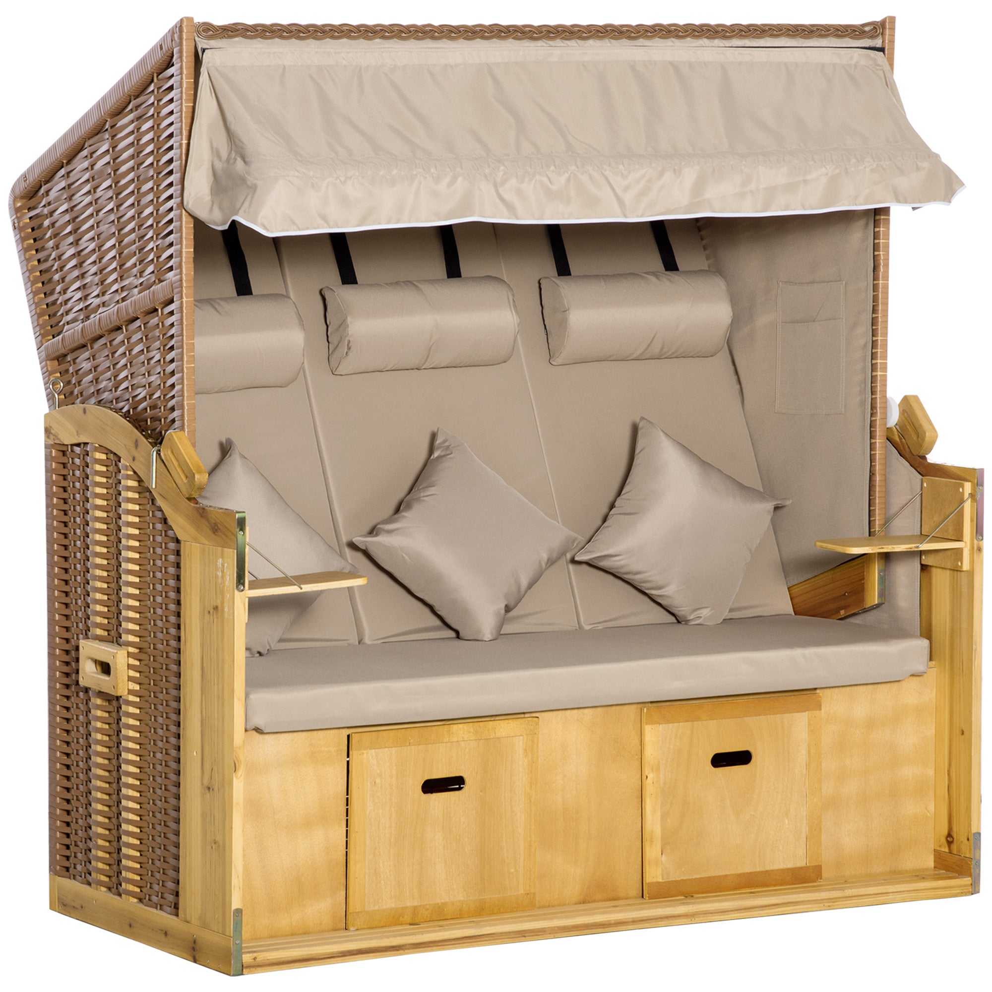 Strandstol Solseng Med Baldakin Klapborde Fodstøtte Chaiselong Justerbar Ryglæn Med Positioner Polyrattan Naturlig Finish 150 160