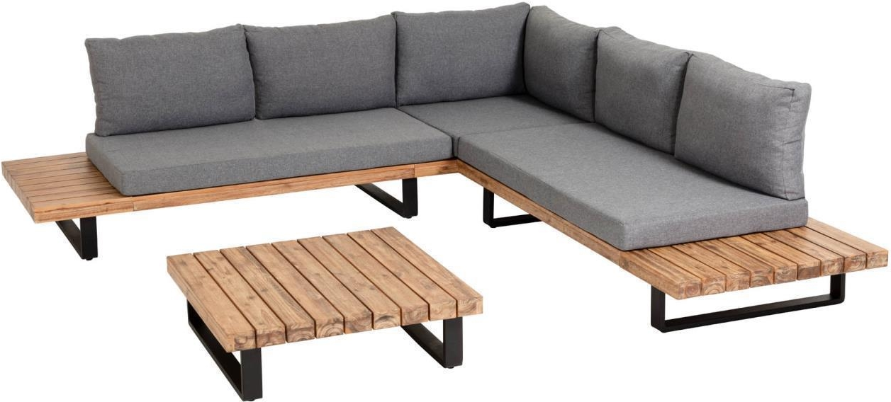 Udendørs Loungesæt Kave Home Zalika Hjørnesofa   Sofabord Akacietræ Aluminium Med Grå Hynder 255x255