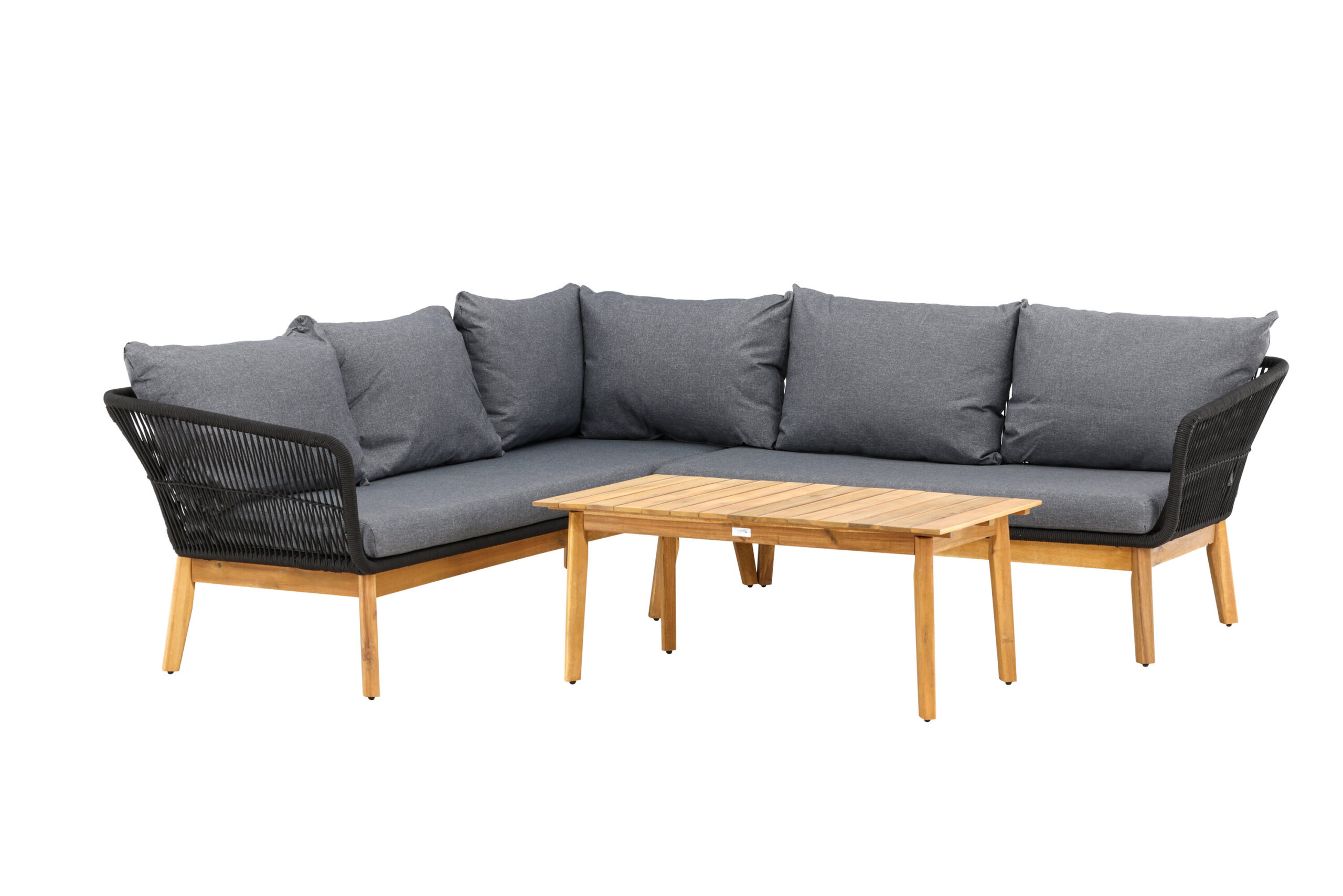 Venture Home Chania Havehjørnesofasæt Bord Sofa Mørkegrå Hynder Sort Reb Natur Akacietræ