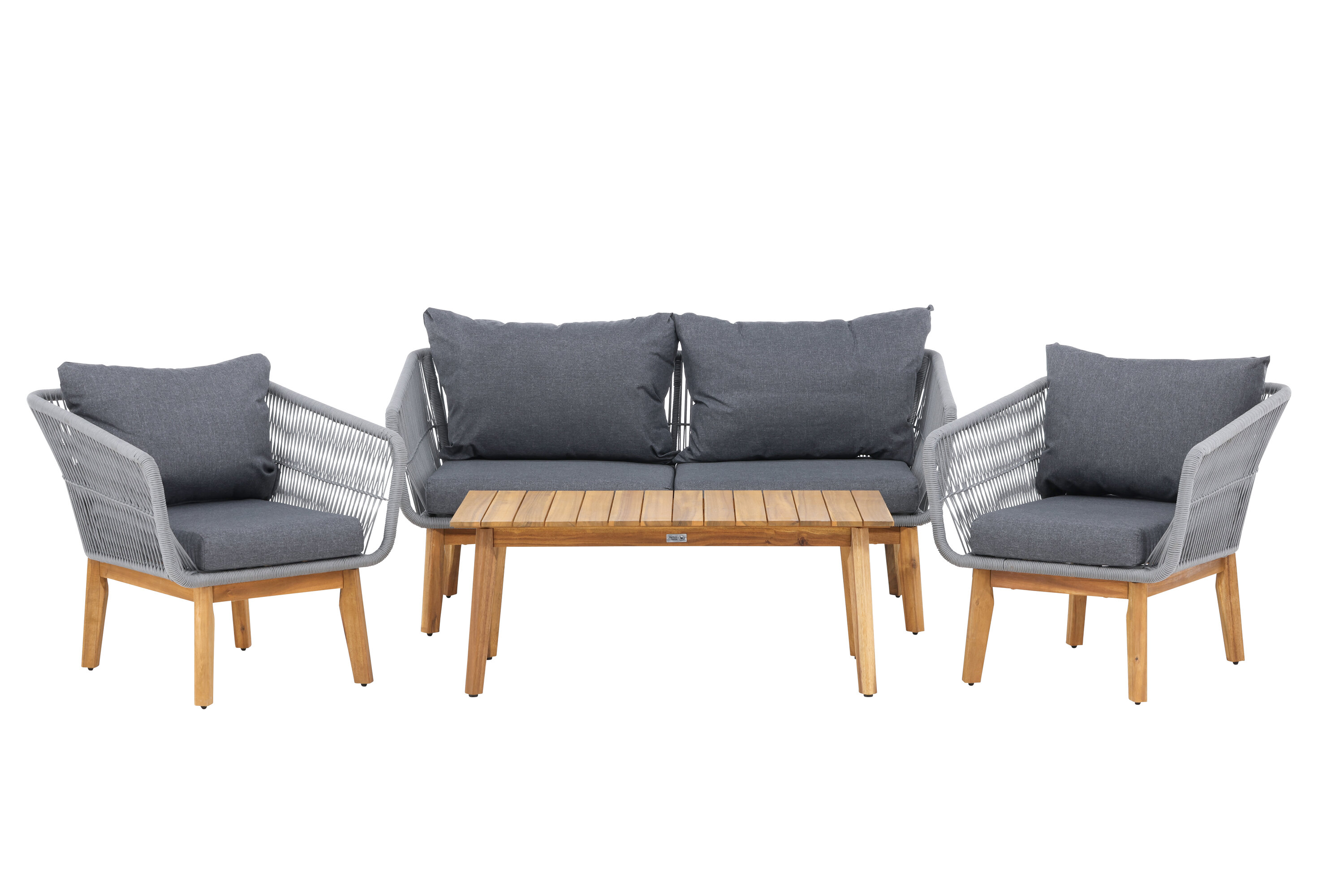 Venture Home Chania Havesofasæt Bord Sofa Stole Mørkegrå Hynder Lysegrå Reb Natur Akacietræ