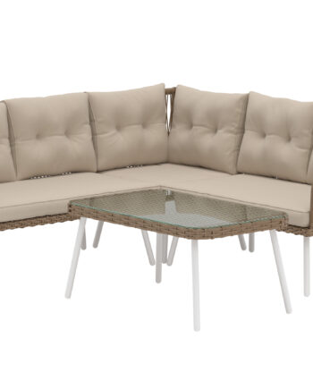 Venture Home Ibiza Udendørs Hjørnesofasæt Bord Sofa Beige Hynder Glas Natur Flet Polyrattan Stål