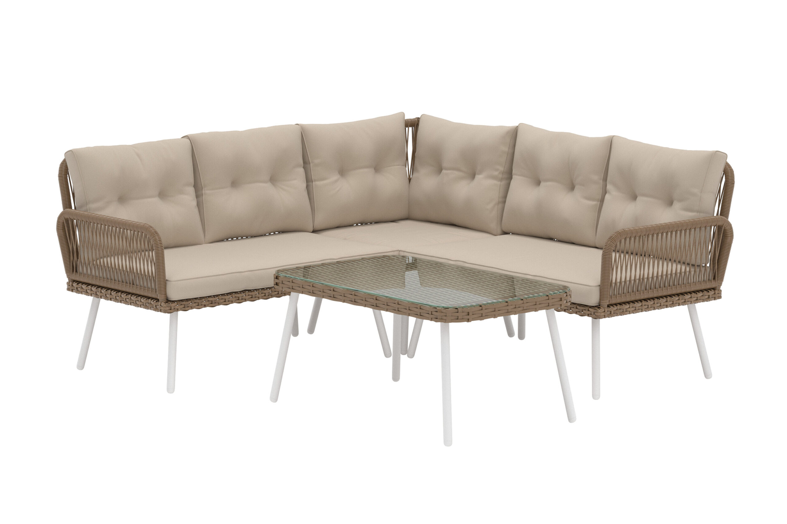 Venture Home Ibiza Udendørs Hjørnesofasæt Bord Sofa Beige Hynder Glas Natur Flet Polyrattan Stål