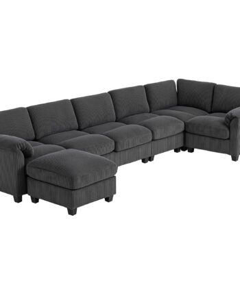Hjørnesofa Formet Sofa Sofa Med Fjederbetræk Polstrede Armlæn Bevægelig Puf Corduroy 292x224x85 Mørkegrå