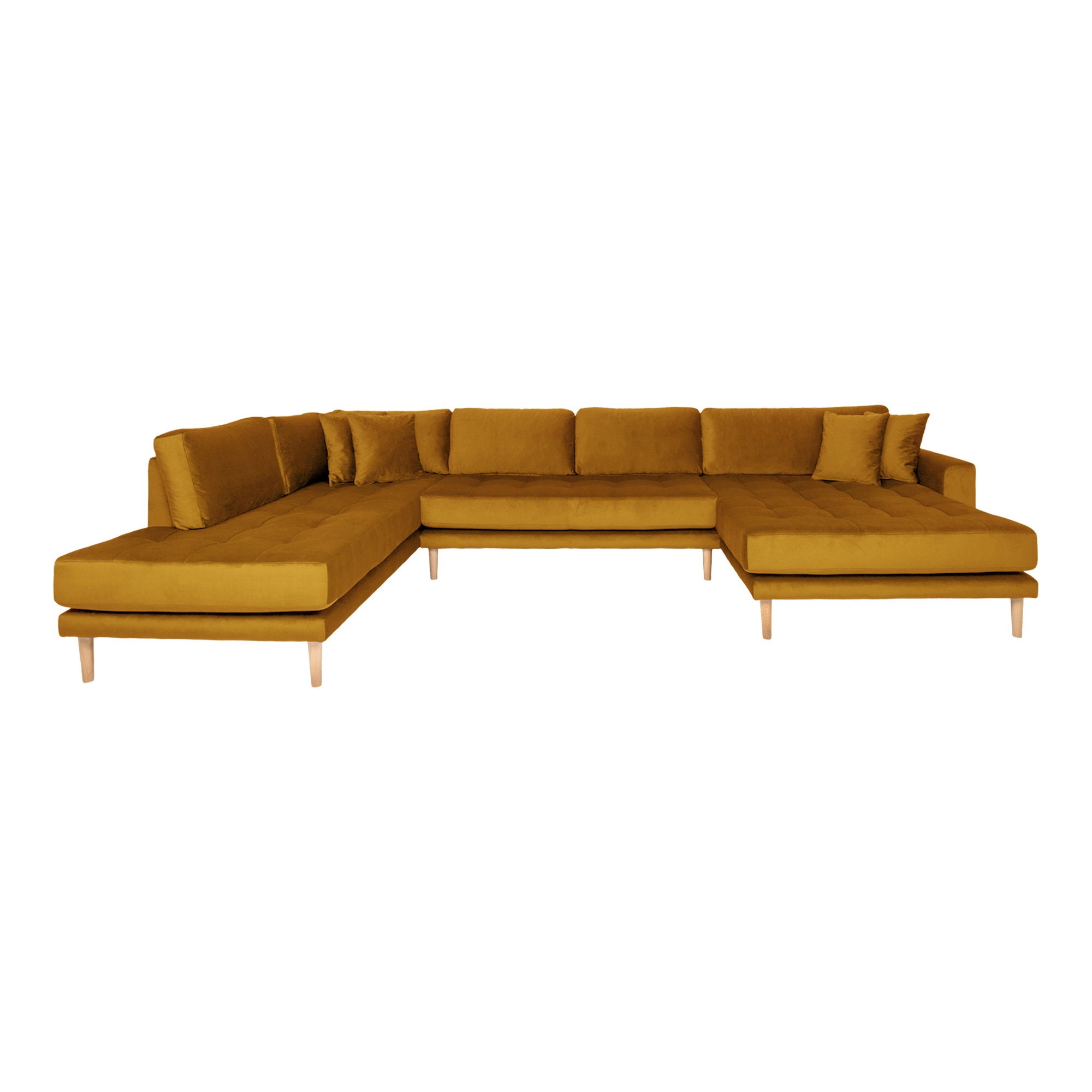 House Nordic Lido Sofa åben Ende Sofa åben Ende Højrevendt Sennepsgul Velour Med Fire Puder Med Natur Træben