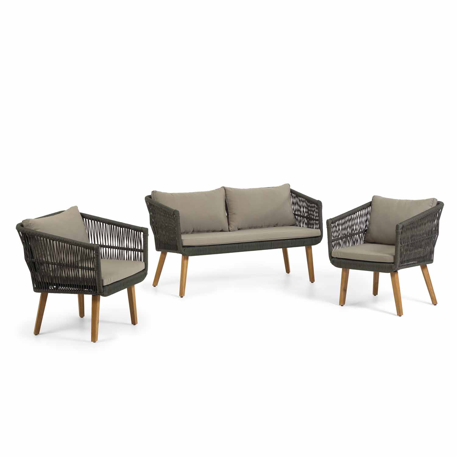 Kave Home Inti Havesæt Pers Sofa Havestole Hynder Grøn Reb Natur Akacietræ