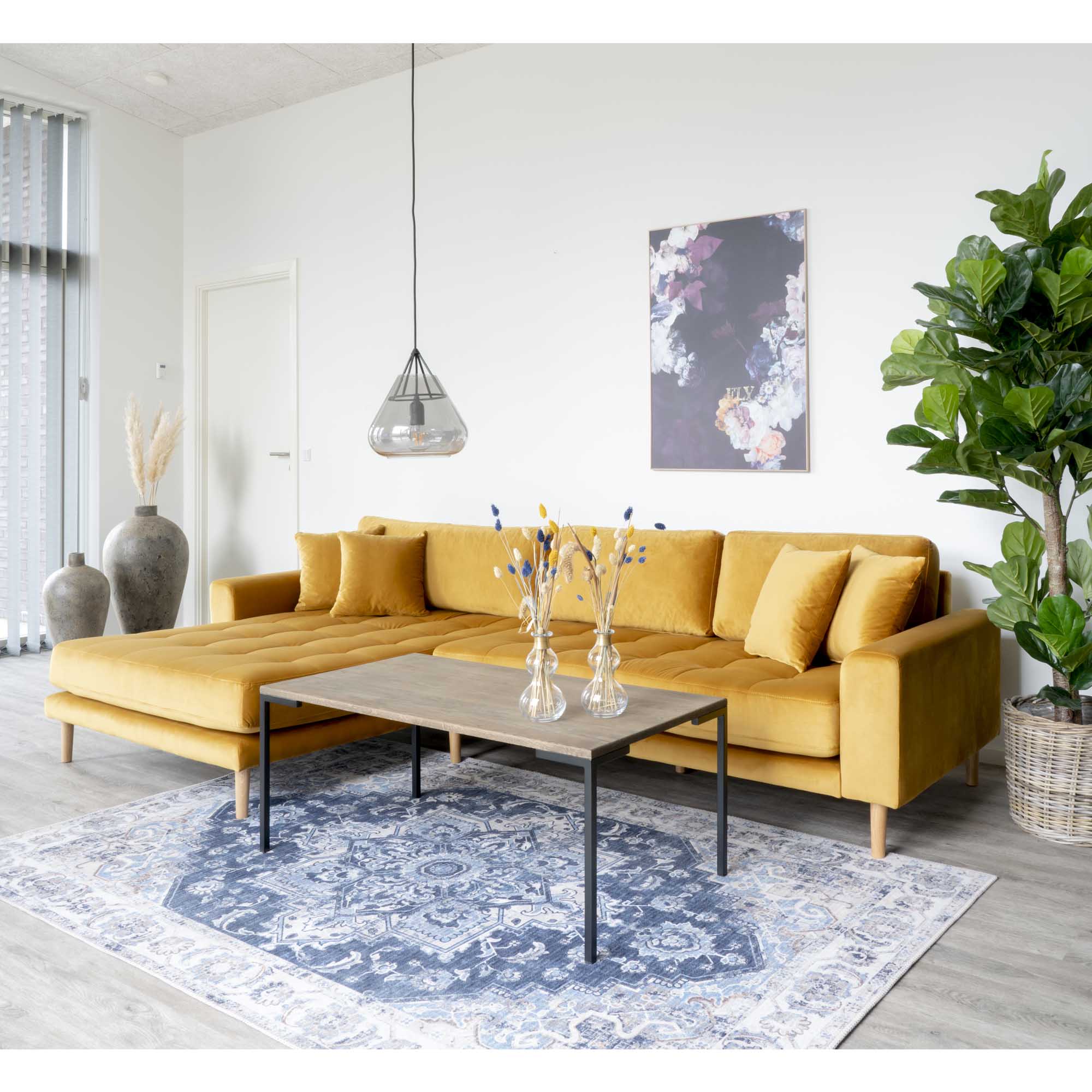 Lido Lounge Sofa Venstrevendt Sennepsgul Velour Med Fire Puder Hn1004