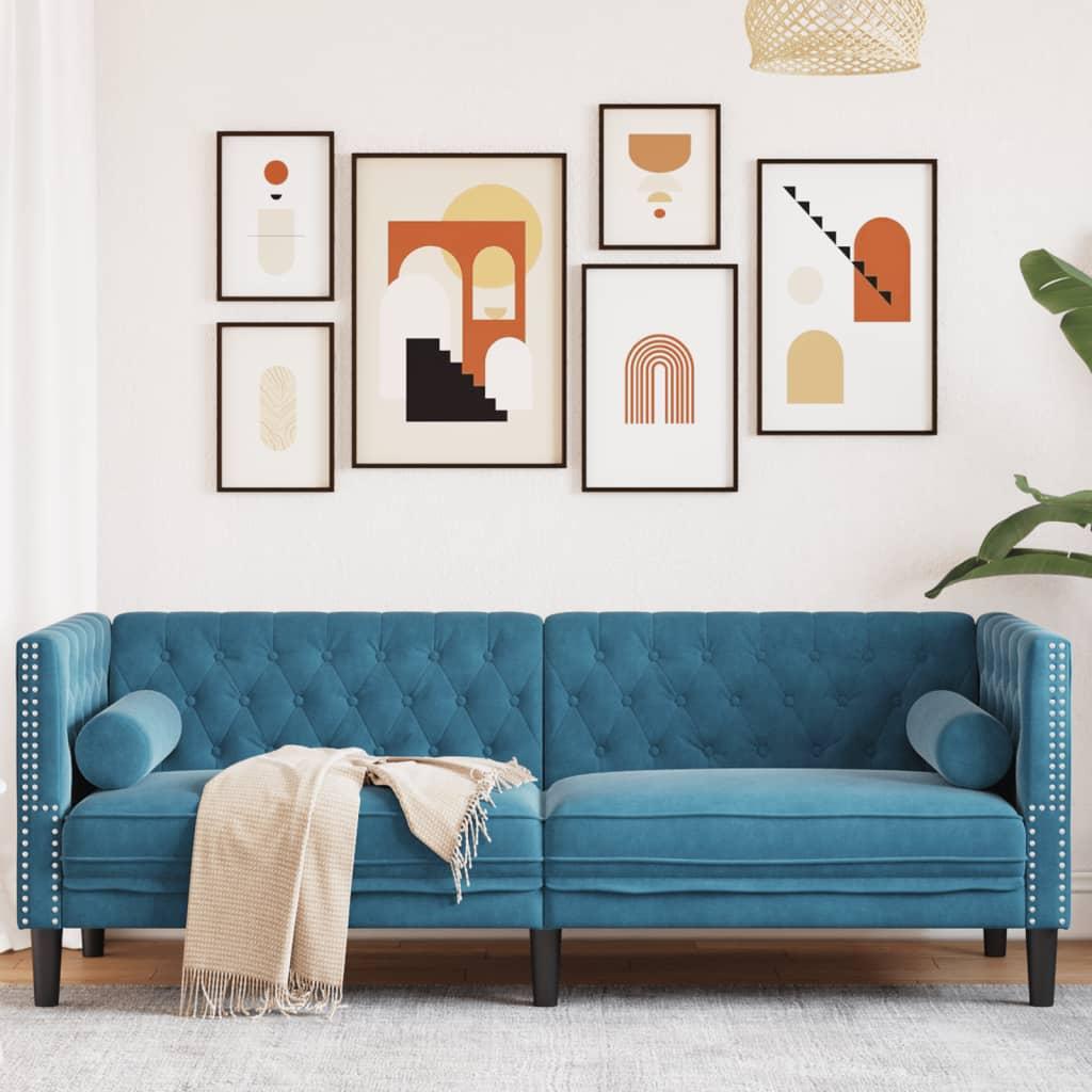 Personers Chesterfield Sofa Fløjl Med Bolsterpuder Blå