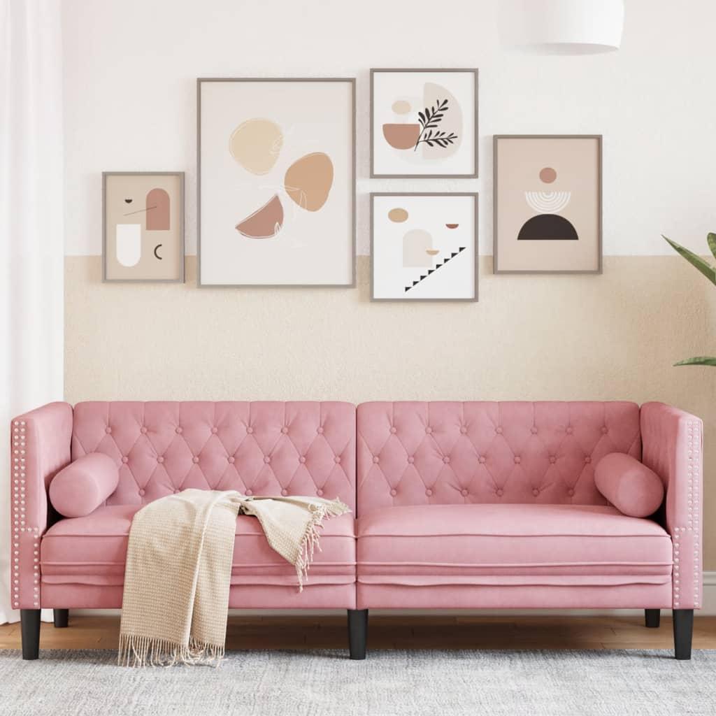 Personers Chesterfield Sofa Fløjl Med Bolsterpuder Lyserød