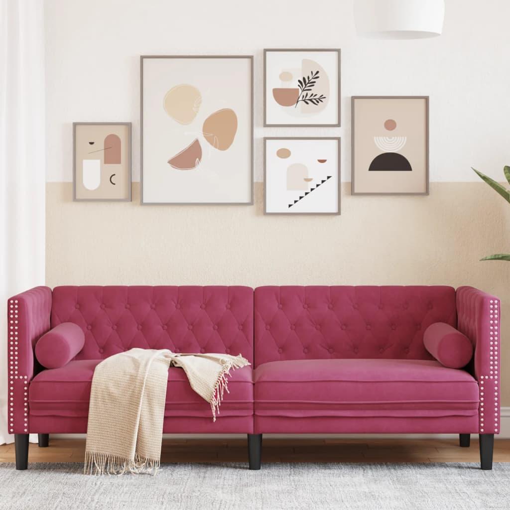 Personers Chesterfield Sofa Fløjl Med Bolsterpuder Vinrød