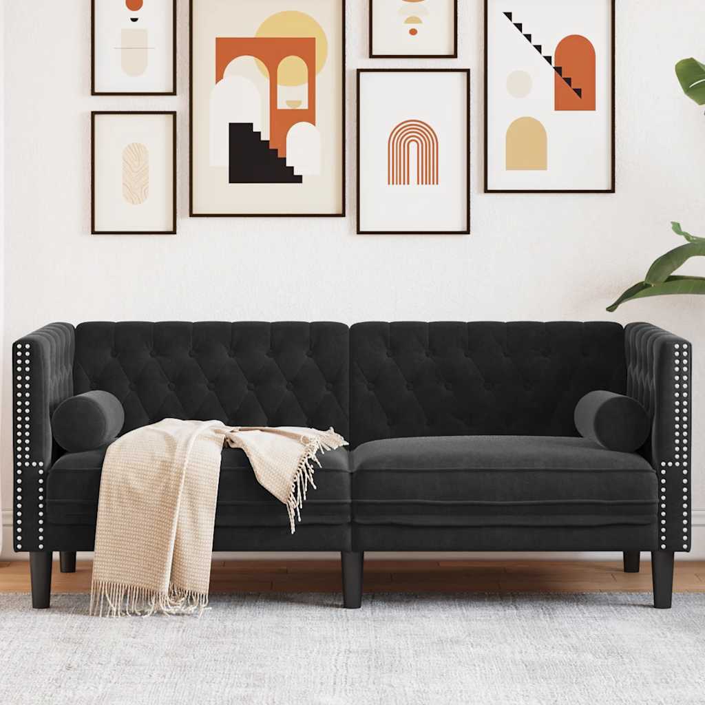 Personers Chesterfield Sofa Med Bolsterpuder Fløjl Sort