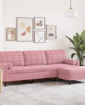 Personers Sofa Med Fodskammel 210 Velour Lyserød