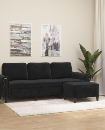 Personers Sofa Med Fodskammel Velour Sort 180 Sædebredde