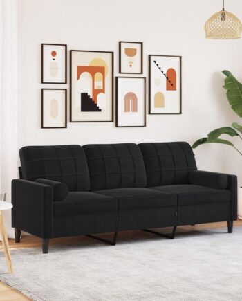 Personers Sofa Velour Sort Sædebredde 180 Med Pyntepuder