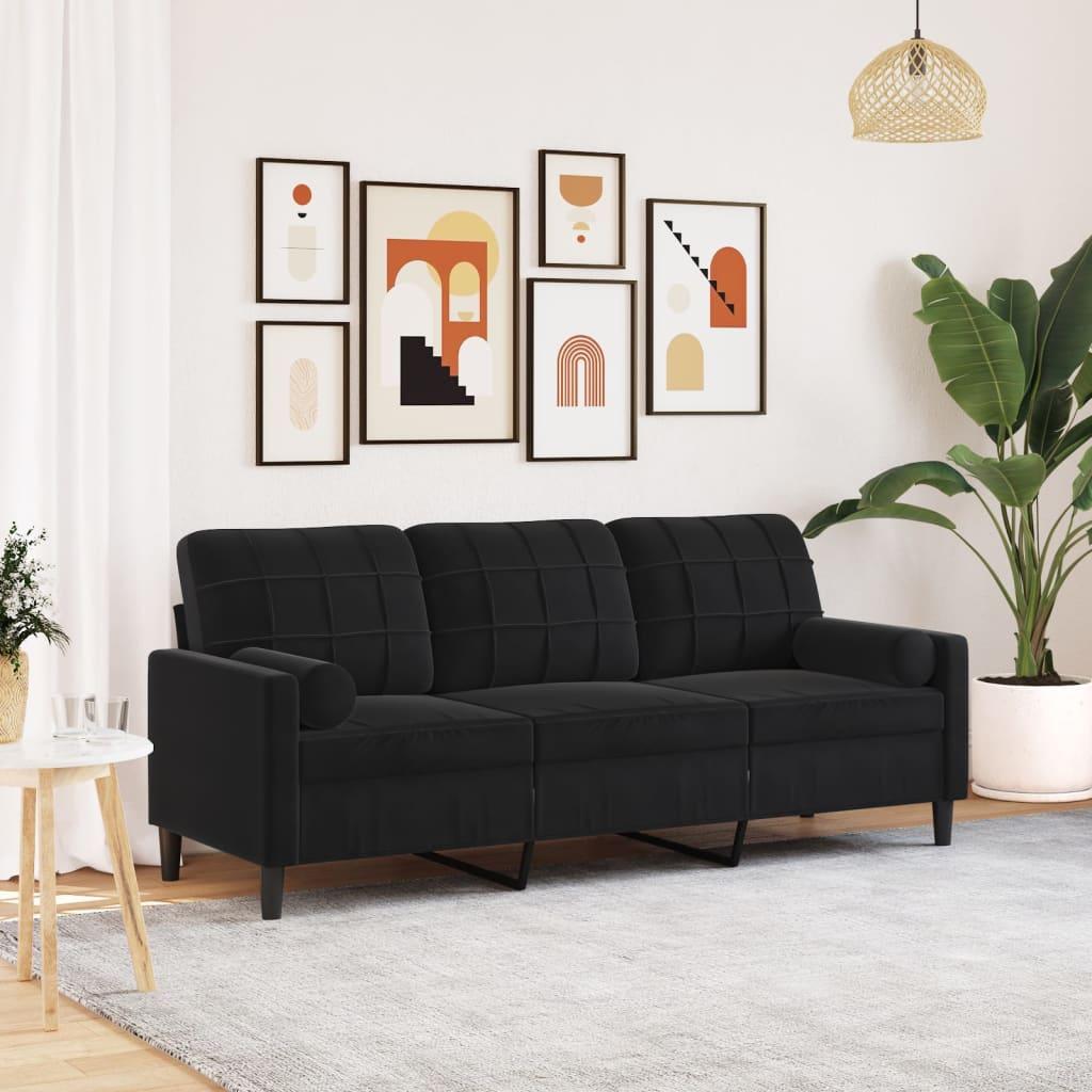 Personers Sofa Velour Sort Sædebredde 180 Med Pyntepuder