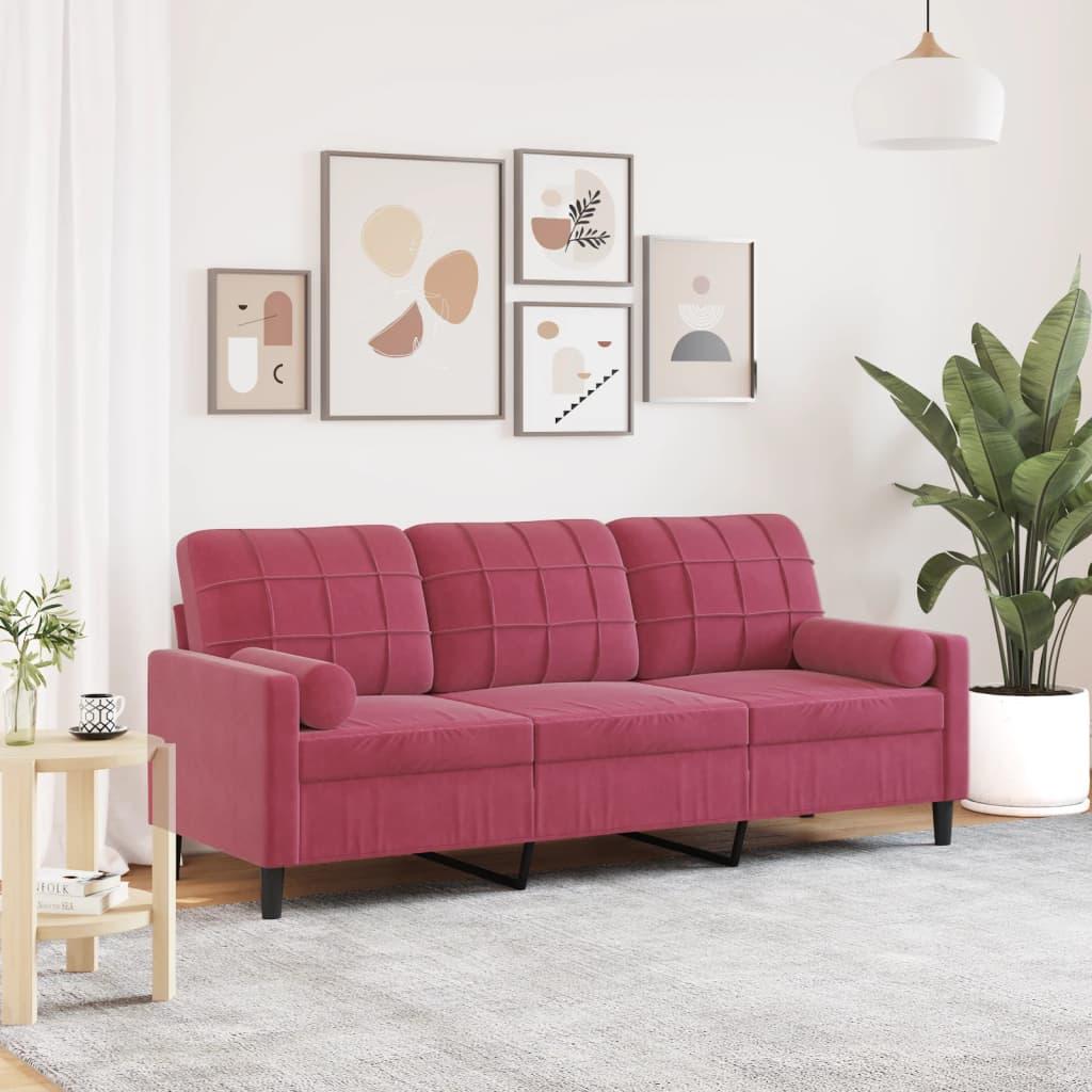 Personers Sofa Velour Vinrød Med Pyntepuder Sædebredde 180